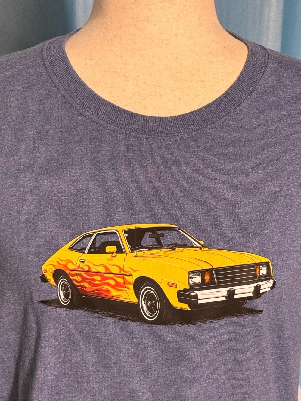 Flaming Ford Pinto Graphic Tee- Yellow Car Print. blue shirt- M
